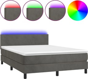 vidaXL Pat cu arcuri, saltea și LED, gri închis, 140x200 cm, catifea