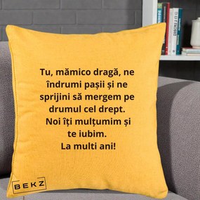 Cadou pentru Mama - Perna Personalizata Mamico Draga Te Iubim La Multi Ani cu Text Negru, 40x40 cm, Galben, Husa Detasabila, Perna Inclusa, BEKZ®