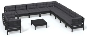 3096933 vidaXL Set mobilier grădină cu perne, 12 piese, negru, lemn masiv pin