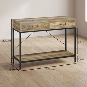 Masă Consolă Vintage HOMCOM din Metal și Lemn, Design Elegant cu 2 Sertare și Raft, Maro, pentru Living, Sufragerie | Aosom Romania
