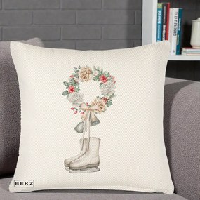 Perna Decorativa Patine cu Coroana Florala de Craciun, 40x40 cm, Crem Reliefat, Husa Detasabila, Perna Inclusa, BEKZ®