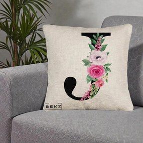 Cadou Personalizat - Perna Personalizata Monograma Florala Litera J, 40x40 cm, Bej Canapea, Husa Detasabila, Perna Inclusa, BEKZ®