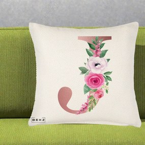 Cadou Personalizat - Perna Personalizata Monograma Rose Gold Litera J, 40x40 cm, Crem Reliefat, Husa Detasabila, Perna Inclusa, BEKZ®