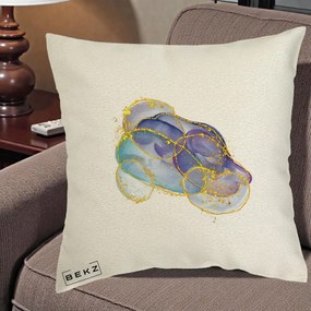 Perna Decorativa Abstract Acuarela Albastru-Mov cu Cercuri Aurii, 40x40 cm, Ecru, Husa Detasabila, Perna Inclusa, BEKZ®