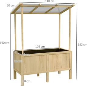 Outsunny Jardinieră înălțată cu acoperiș, orificii de drenaj, căptușeală din material nețesut, rezistentă la intemperii, lemn de brad, 110x60x152 cm | Aosom Romania