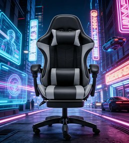 Scaun gaming, Masaj în perna lombară, Rabatabil 90-145°, Suport picioare, piele PU, Negru/Gri