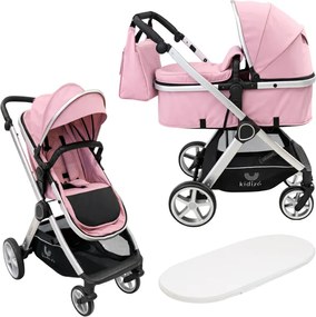 Carucior copii 2 in 1 Kidizi Moveo roz, landou transformabil in parte sport, cadru silver, de la nastere pana la 22 kg (0–4 ani), saltea si geanta incluse