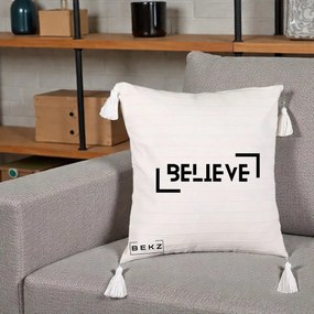 Perna Decorativa Believe Minimalist, 40x40 cm, Bej cu Franjuri, Husa Detasabila, Perna Inclusa, BEKZ®