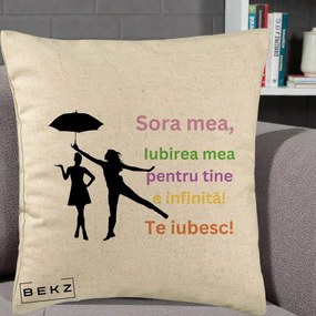 Cadou pentru Sora - Perna Personalizata Sora Mea Te Iubesc Siluete Colorate Umbrela, 40x40 cm, Bej, Husa Detasabila, Perna Inclusa, BEKZ®