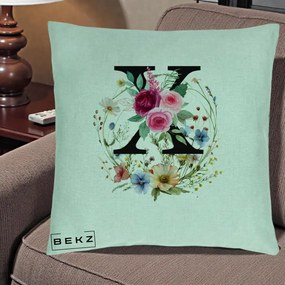 Cadou Personalizat - Perna Personalizata Monograma Florala Litera X cu Coroana, 40x40 cm, Verde Menta, Husa Detasabila, Perna Inclusa, BEKZ®