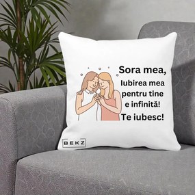 Cadou pentru Sora - Perna Personalizata Sora Mea Te Iubesc Imbratisare cu Sclipiri, 40x40 cm, Alba Mata, Husa Detasabila, Perna Inclusa, BEKZ®