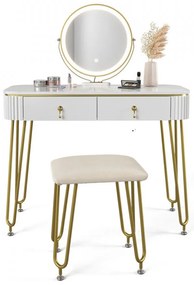 SEA398 - Set Masa toaleta, 100 cm, cosmetica machiaj, oglinda cu LED, scaunel taburet tapitat - Alb Lucios-Auriu