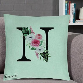 Cadou Personalizat - Perna Personalizata Monograma Florala Litera N, 40x40 cm, Verde Menta, Husa Detasabila, Perna Inclusa, BEKZ®