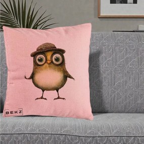 Perna Decorativa Pui Intelectual cu Palarie Tweed, 40x40 cm, Roz, Husa Detasabila, Perna Inclusa, BEKZ®