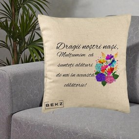 Cadou pentru Nasi - Perna Personalizata Dragii Nostri Nasi Multumim cu Flori Multicolore, 40x40 cm, Bej, Husa Detasabila, Perna Inclusa, BEKZ®