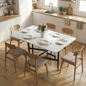 HOMCOM Masă de Dining Pliabilă, Masă Rabatabilă cu Roți și Frâne pentru 4-6 Persoane, Birou Compact cu Structură din Oțel, pentru Living, 120x80x73 cm, Alb cu Aspect de Lemn | Aosom Romania