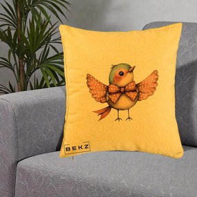 Perna Decorativa Pasare Roz cu Aripi si Fundita, 40x40 cm, Galben, Husa Detasabila, Perna Inclusa, BEKZ®