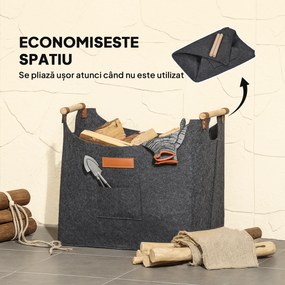 Outsunny Sac din Fetru pentru Lemne de Foc, Coș Portalemne de Interior cu Mânere din Lemn, Coș Multiuz pentru Pături, Reviste și Bucșe de Lemn, 45x32x40 cm, Gri Închis | Aosom Romania