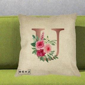 Cadou Personalizat - Perna Personalizata Monograma Rose Gold Litera U, 40x40 cm, Crem, Husa Detasabila, Perna Inclusa, BEKZ®
