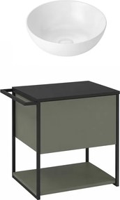 Set dulap baza suspendat Krofam Lov verde-negru 60 cm blat negru cu lavoar 39 cm