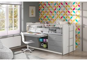 Pat pentru copii alb-gri înalt cu spațiu de depozitare cu somieră 90x200 cm Bonny – Vipack