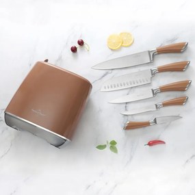 Set de cutite Swiss Haus SH-KSL6CO, 6 piese, Otel inoxidabil, Manere metalice, Suport, Cupru
