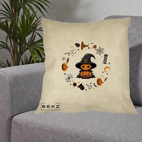 Perna Decorativa Halloween Dovleac Vrajitor Boo cu Simboluri, 40x40 cm, Crem, Husa Detasabila, Perna Inclusa, BEKZ®
