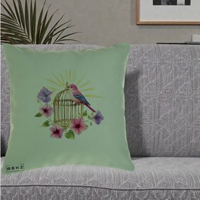 Perna Decorativa Pasare Roz pe Colivie Aurie cu Flori, 40x40 cm, Verde, Husa Detasabila, Perna Inclusa, BEKZ®