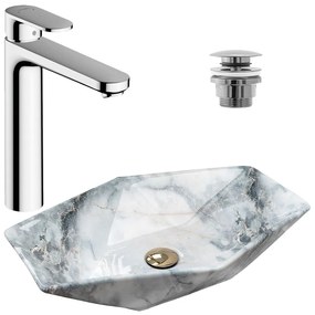 Pachet lavoar pe blat Rea Vegas granit 57 cm, baterie lavoar Hansgrohe Vernis Blend 190 crom si ventil lavoar Click-Clack crom