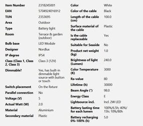 Veioza LED portabila de exterior design nordic IP54 Ara To-Go alba