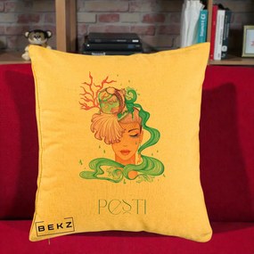 Perna Personalizata Zodiac Pesti Cowgirl, 40x40 cm, Galben, Husa Detasabila, Perna Inclusa, BEKZ®