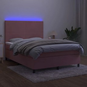 Pat cu arcuri, cu saltea si LED, roz, 140x190 cm catifea Roz, 140 x 190 cm, Design simplu