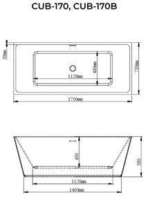 CUBE Cadă de baie freestanding, alb-negru, 170x75x58 cm