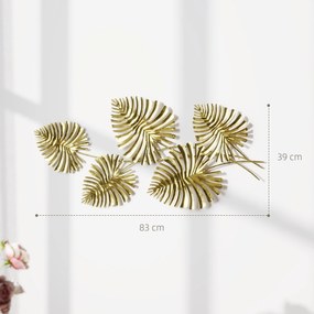 HOMCOM Artă Murală cu 5 Frunze de Monstera și Accesorii pentru Montaj Incluse, Decorațiuni Murale din Metal, 83x2.5x39 cm, culoare Aurie | Aosom Romania