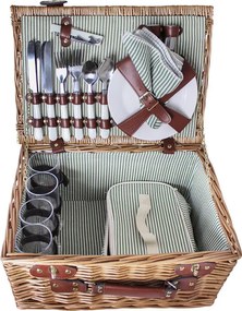 Coș de picnic mare din răchită împletită cu căptușeală în dungi verzi, pentru 4 persoane, „Vendela Large Green"
