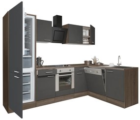 Mobilă de bucătărie de colț Yorki 280, corp din stejar Yorki, față antracit satinat cu element cuptor inferior, dulap frigider cu dedurizator inferior