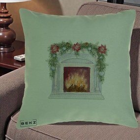 Perna Decorativa Semineu de Craciun Watercolor, 40x40 cm, Verde, Husa Detasabila, Perna Inclusa, BEKZ®