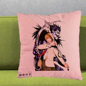 Perna Personalizata Death Note Light si Ryuk Duo, 40x40 cm, Roz, Husa Detasabila, Perna Inclusa, BEKZ®