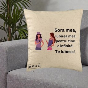 Cadou pentru Sora - Perna Personalizata Sora Mea Te Iubesc Doua Fete cu Telefoane, 40x40 cm, Bej, Husa Detasabila, Perna Inclusa, BEKZ®