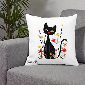 Perna Decorativa Pisica Neagra Ochi Galbeni Flori, 40x40 cm, Alba Mata, Husa Detasabila, Perna Inclusa, BEKZ®