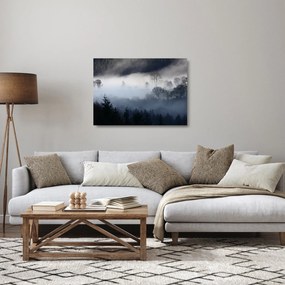 Tablou pe sticlă cu ceță deasupra pădurii (70x50 cm)