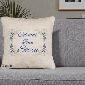 Cadou pentru Socru - Perna Personalizata Cel mai Bun Socru cu Ramuri Frunze Albastre si Aurii, 40x40 cm, Bej Canapea, Husa Detasabila, Perna Inclusa, BEKZ®