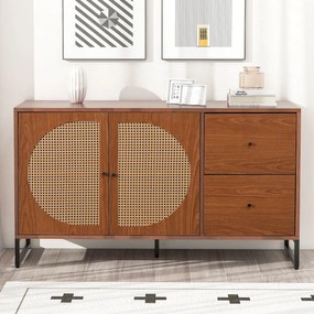 Comodă Modernă cu 2 Uși Decorate în Rattan și 2 Sertare, Mânere din Metal, Multiutilizare pentru Living, Bucătărie și Birou, 130x40x75 cm, Culoare nuc