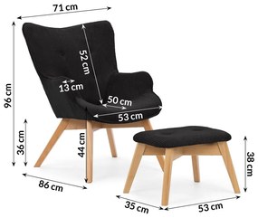 Fotoliu cu taburet negru cu tapițerie din catifea reiată Niko – Ropez