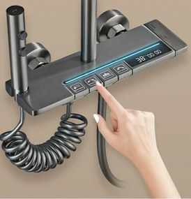 RESIGILAT- Coloană de duș termostat, afișaj digital, lumină LED ambientală, 4 funcții, taste de pian, cap duș dreptunghiulară, efect de ploaie, înălțime reglabilă, montare pe perete, Gri, 8004