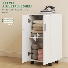 HOMCOM Mobilier pentru Masa de Călcat Pliabil cu Roți, Raft Reglabil și Închidere Soft Close, din Lemn și Material Textil, 128x43x83 cm, Alb | Aosom Romania