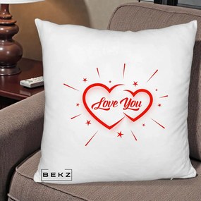 Cadou Romantic - Perna Personalizata Love You Doua Inimi, 40x40 cm, Alb Pufos, Husa Detasabila, Perna Inclusa, BEKZ®