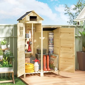 Outsunny Magazie pentru Unelte cu 2 Zone, Rafturi Reglabile și Fereastră, din Lemn de Brad, 106x57x167 cm, Culoare Naturală | Aosom Romania