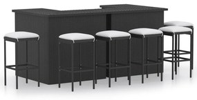 Set mobilier bar de grădină cu perne, 8 piese, negru, poliratan