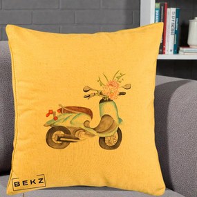 Perna Decorativa Scuter Albastru cu Flori Acuarela, 40x40 cm, Galben, Husa Detasabila, Perna Inclusa, BEKZ®